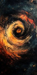Wall Mural - A painting of a spiral with a large eye in the center. The eye is orange and yellow