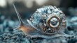 © xio - Mechanical snail crawling on dark ground, blurred background, representing slow progress.  Use Conceptual illustration.