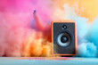 © PIX OF WORLD AI - Colorful neon music speaker with a colorful powder explosion in the background