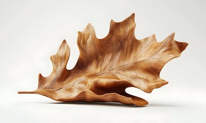 Wall Mural - Carved wooden oak leaf on white background. (1)