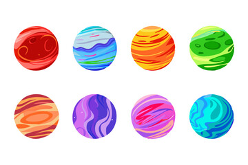Wall Mural - playful and artistic vector set of colorful planet icons with unique details.