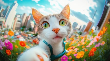 Adorable personified cat with expressive eyes taking a selfie in a vibrant cityscape background with flowers- bright and cheerful