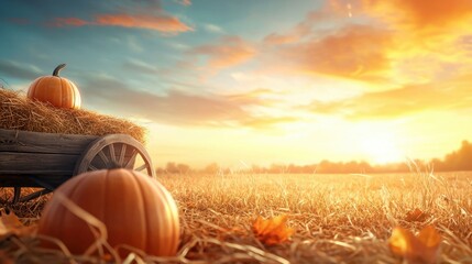 Wall Mural - Autumn Sunset with Pumpkins and Hay Bales on a Rural Landscape