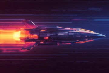 Dynamic image of a sleek spaceship racing through space, showcasing vibrant neon colors and motion blur effects.