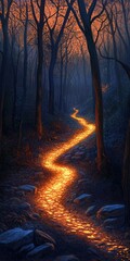 Sticker - A winding pathway through an enchanting forest at dusk, illuminated by a soft glow. The scene captures a serene atmosphere filled with shadows and nature's beauty.