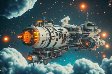 Wall Mural - a spaceship is flying through the sky. the spaceship is orange and white. the sky is cloudy