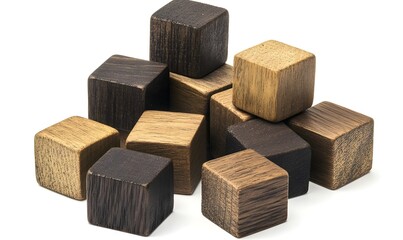 Wall Mural - Pile of dark and light brown wooden cubes on white background.