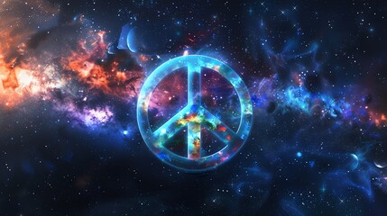 Wall Mural - a peace sign is in the center of a colorful space scene with stars, planets, and nebulas.