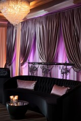 Sticker - A black couch with pink pillows and a table with a candle on it. The couch is in a room with purple curtains