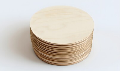 Wall Mural - Stack of round, light-brown wooden discs.