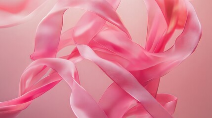 Wall Mural - 102.A vibrant top view showcasing pink awareness ribbons suspended in motion, creating a dynamic and inspiring visual against a solid blush background.