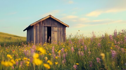 Wall Mural - Small wooden hut surrounded by wildflowers