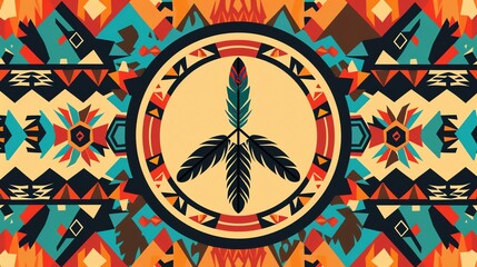 Wall Mural - a peace sign made of feathers against a geometric background.