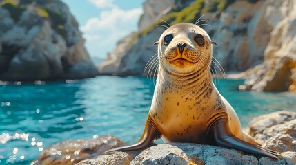 Wall Mural - playful sea lion basking on rocky shore with tranquil ocean backdrop