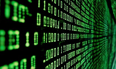 Green binary code streams on dark screen, data flow concept for tech background.