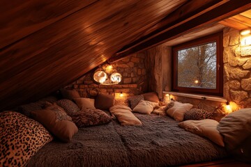 Sticker - A bedroom with a bed and pillows. The bed is covered in a blanket and pillows