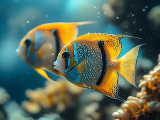 Wall Mural - Pair of Angelfish Gracefully Swimming Over a Vibrant Underwater Coral Reef
