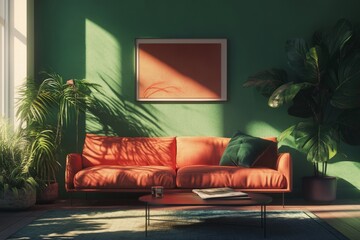 Poster - Sunlit living room featuring an orange sofa, green walls, and lush plants, creating a cozy and modern interior atmosphere.