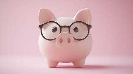 Wall Mural - Cute piggy bank with glasses on a light pink background, symbolizing smart savings.