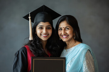 young indian female graduation student standing with mother