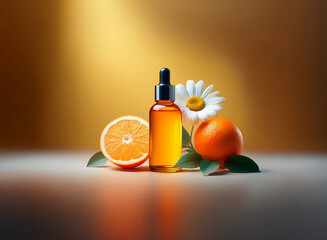 Wall Mural - Amber essential oil bottle with dropper, sits beside halved orange and chamomile flower on reflective surface.  Warm, golden background.