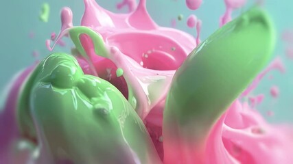 Leinwandbilder - Animation with glossy streams of pink and green liquids that intertwine in the center. Realistic splashes create a dynamic effect on a contrasting blue background