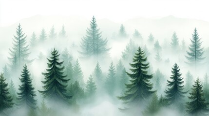 Wall Mural - Misty Forest Landscape with Pine Trees and Soft Green Tones