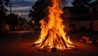 Bonfire burning brightly on a street at night