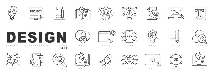set of design related line icons. graphic, creative, drawing, sketch etc. editable stroke.