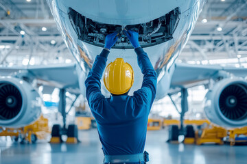 Technician in Blue Uniform and Yellow Helmet Working on Airplane Maintenance at Hangar