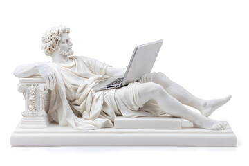 Realistic classic gypsum statue of man using a laptop for IT isolated on white background