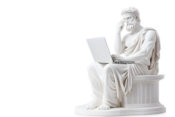 Realistic classic gypsum statue of man using a laptop for IT isolated on white background