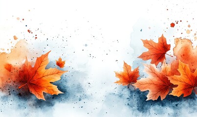 Wall Mural - A watercolor illustration featuring vibrant orange autumn leaves against a soft, blended background.