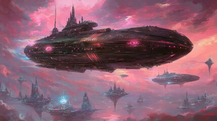 Wall Mural - futuristic spaceship over floating cities in a vibrant, otherworldly sky.