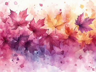 Wall Mural - A vibrant watercolor illustration of autumn leaves in shades of red, orange, and purple on a soft background.