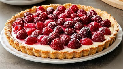 Wall Mural - Delicious Raspberry Tart Dessert Creamy Pastry with Sweet Golden Crust