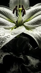 Wall Mural - Close-up view of a white lily covered in water droplets showcasing intricate details and vivid colors