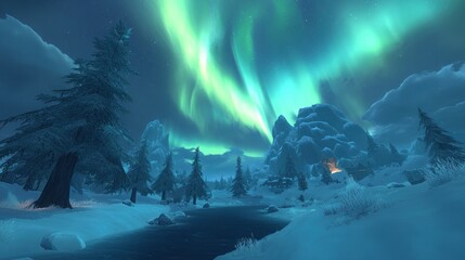 Sticker - Aurora borealis over a snowy landscape with pine trees and a river.