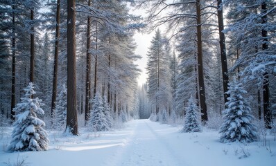 Sticker - Winter wonderland with snowy pine trees