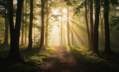 Poster - Sunlight streaming through trees in misty forest