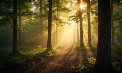 Poster - Serene forest path bathed in golden light