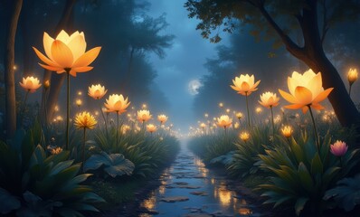 Poster - Magical nightscape with glowing lilies.