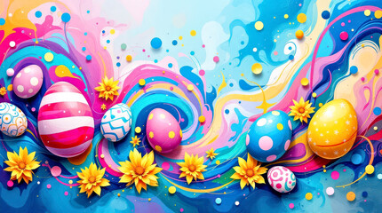 Wall Mural - Colorful Easter Eggs and Flowers on Vibrant Abstract Background