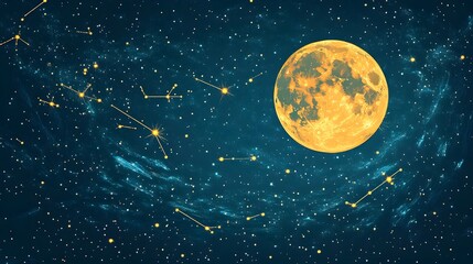 Wall Mural - A background of a starry night sky with a bright full moon and constellations.