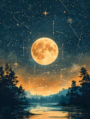 Wall Mural - A background of a starry night sky with a bright full moon and constellations.