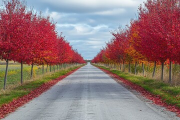 Wall Mural - Autumn road, red trees, countryside, fall foliage, travel