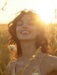 © Ivan - A young woman stands in a sunlit field, smiling with her eyes closed, enjoying the warmth of the setting sun. The tall grass sways gently in the breeze, creating a serene atmosphere