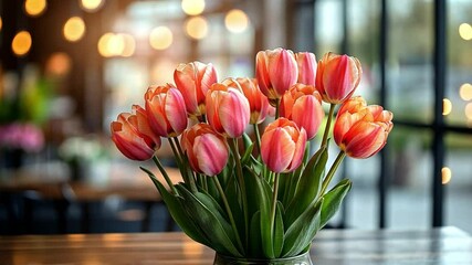 Aufkleber - A vibrant arrangement of pink and orange tulips brings a touch of spring to a warm indoor environment. Soft lighting enhances the beauty of the flowers, creating a cheerful atmosphere.