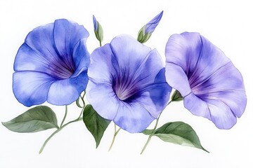 Wall Mural - A delicate watercolor illustration of three blue morning glory flowers with green leaves.