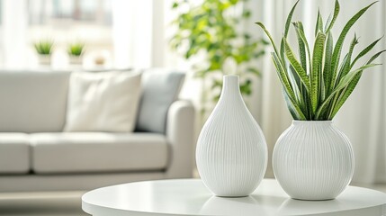 Wall Mural - Close-up photo of white vessels standing on white end table in bright living room interior with sofa and plants in blurred background